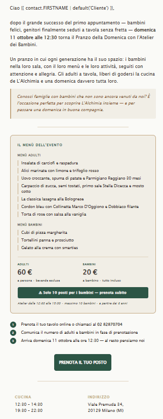 Esempio di Email marketing per fidelizzare i clienti del ristorante